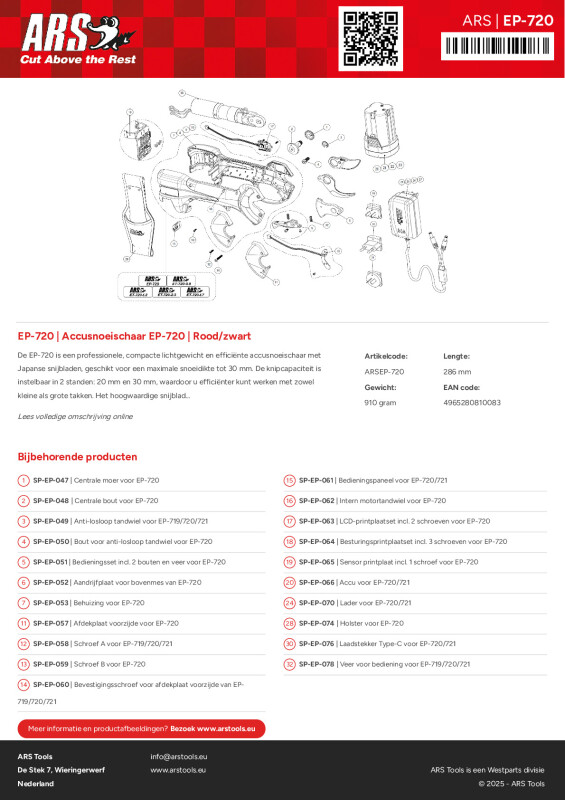 Onderdelentekening Accusnoeischaar EP-720 | Rood/zwart