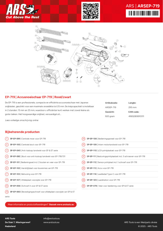 Onderdelentekening Accusnoeischaar EP-719 | Rood/zwart