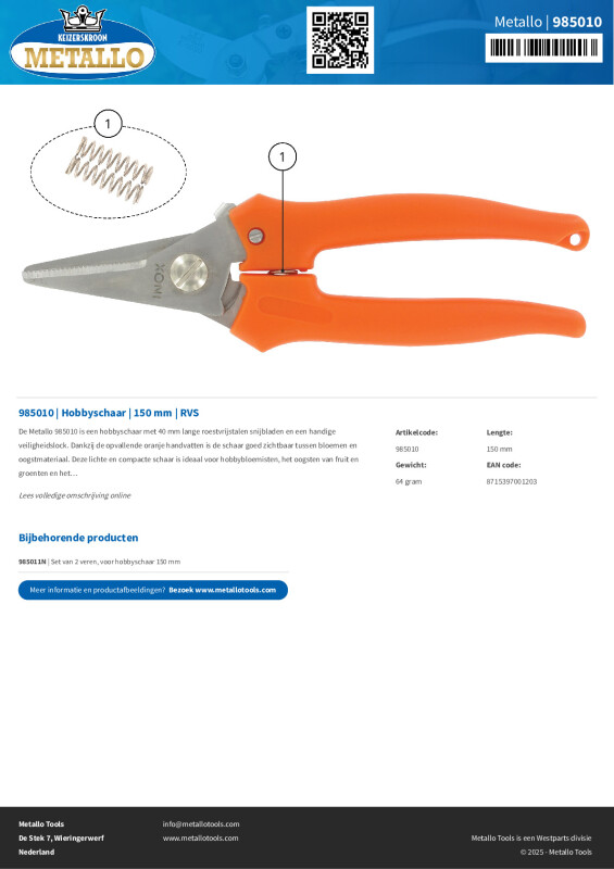 Productsheet Hobbyschaar | 150 mm | RVS