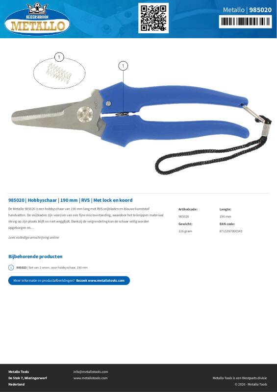 Productsheet Hobbyschaar | 190 mm | RVS | Met lock en koord