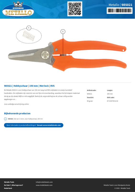 Productsheet Hobbyschaar | 190 mm | Met lock | RVS