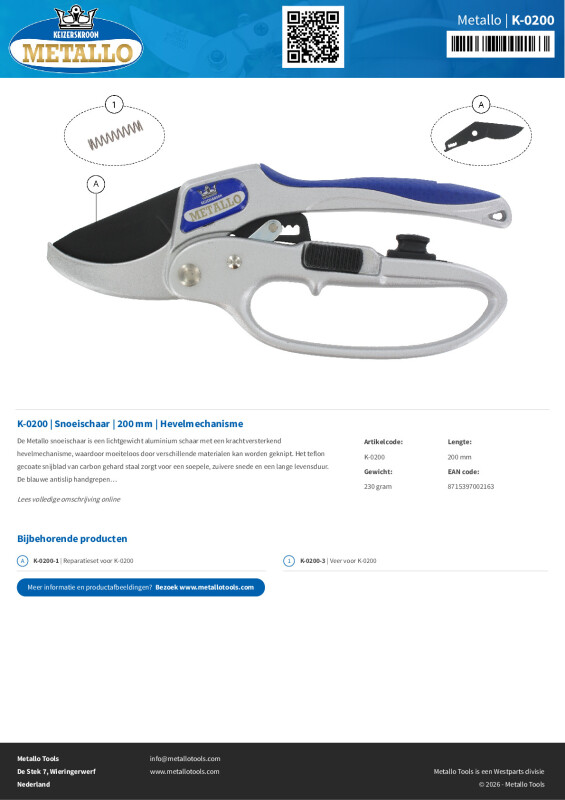 Productsheet Snoeischaar  | 200 mm | Hevelmechanisme