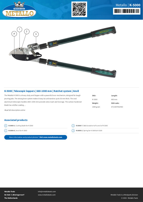 Productsheet Telescopic loppers | 660-1000 mm | Ratchet system | Anvil