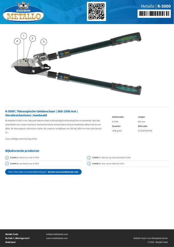 Productsheet Telescopische takkenschaar | 660-1000 mm | Hevelmechanisme | Aambeeld