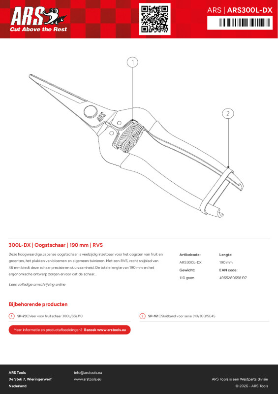 Onderdelentekening Oogstschaar | 190 mm | RVS