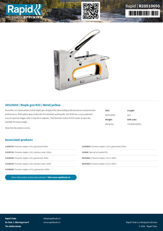 Productsheet Staple gun R33 | Metal/yellow