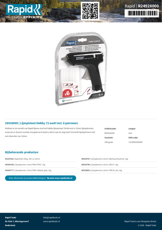 Productsheet Lijmpistool Hobby 72 watt incl. 6 patronen