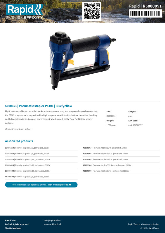 Productsheet Pneumatic stapler PS101 | Blue/yellow