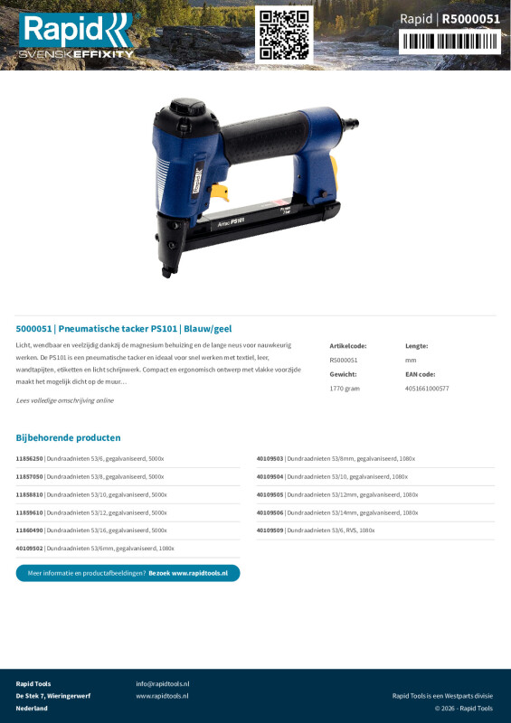Productsheet Pneumatische tacker PS101 | Blauw/geel