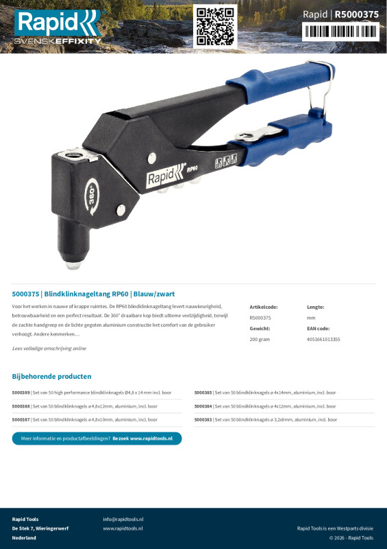 Productsheet Blindklinknageltang RP60 | Blauw/zwart