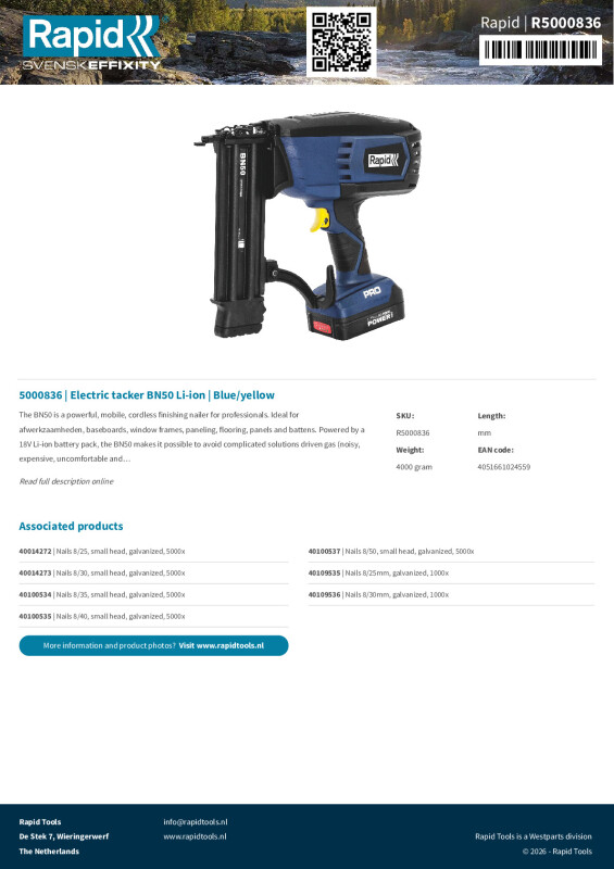 Productsheet Electric tacker BN50 Li-ion | Blue/yellow