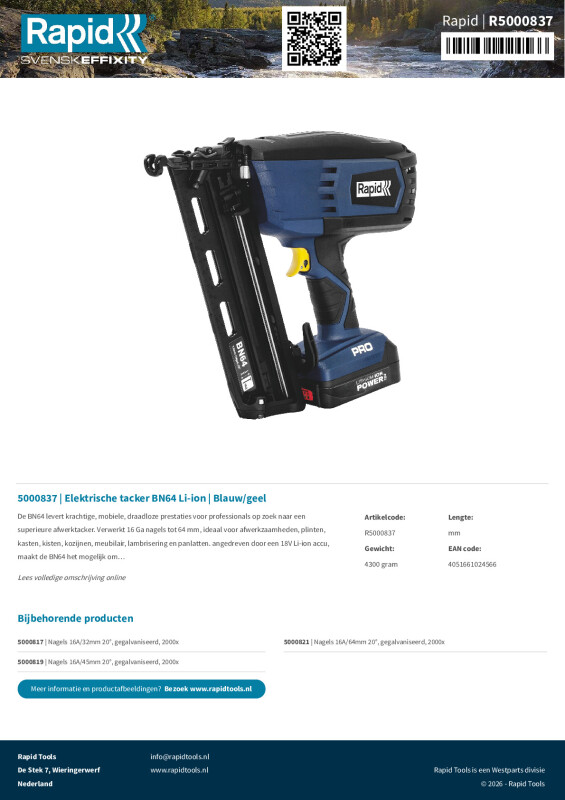 Productsheet Elektrische tacker BN64 Li-ion | Blauw/geel